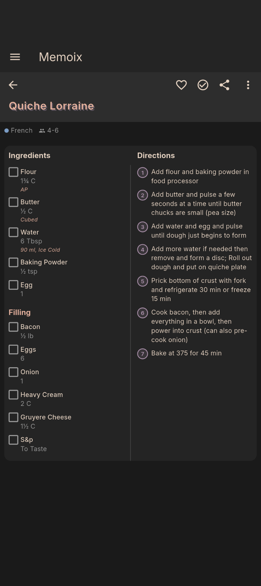 Cooking view with side-by-side layout